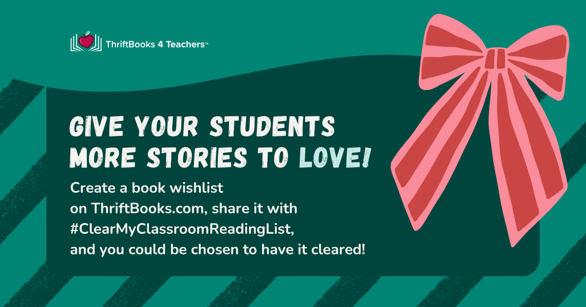 the words '#clearmyclassroomreadinglist please consider donating a book to our classroom library' on a teal background