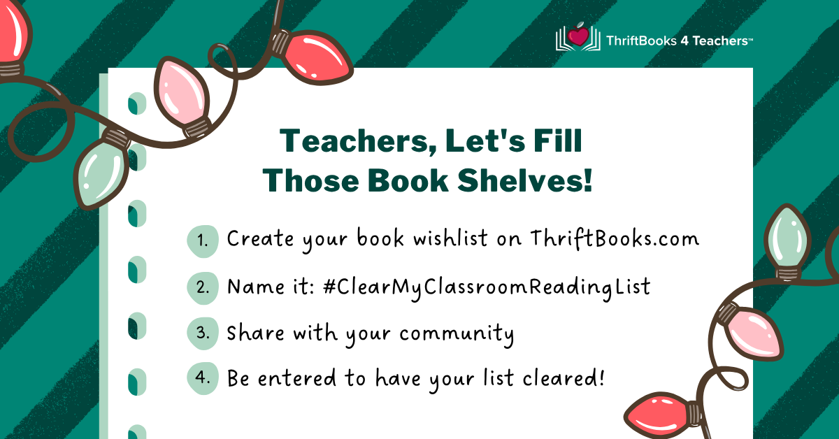 the words '#clearmyclassroomreadinglist please consider donating a book to our classroom library' on a teal background