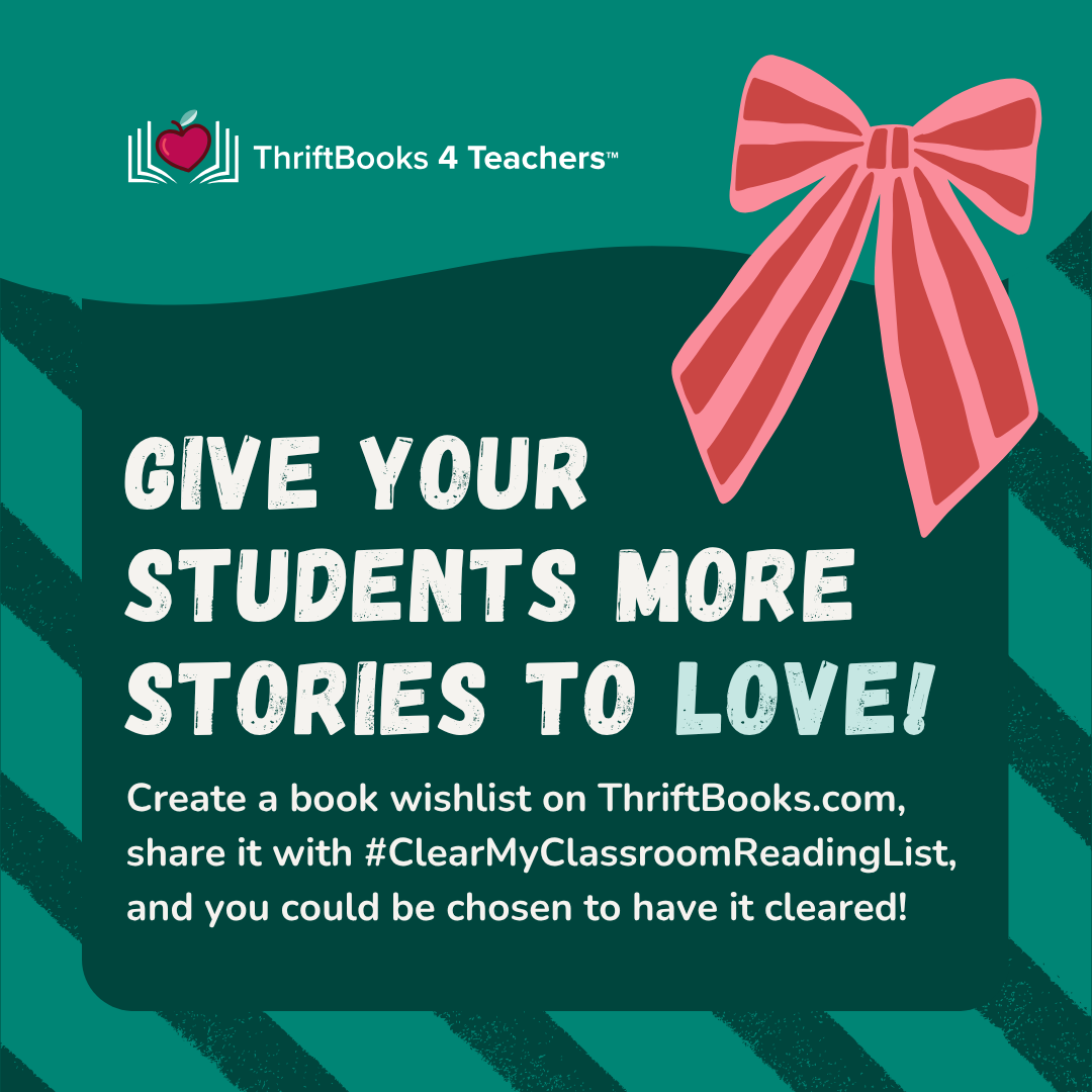 the words '#clearmyclassroomreadinglist please consider donating a book to our classroom library' on a teal background