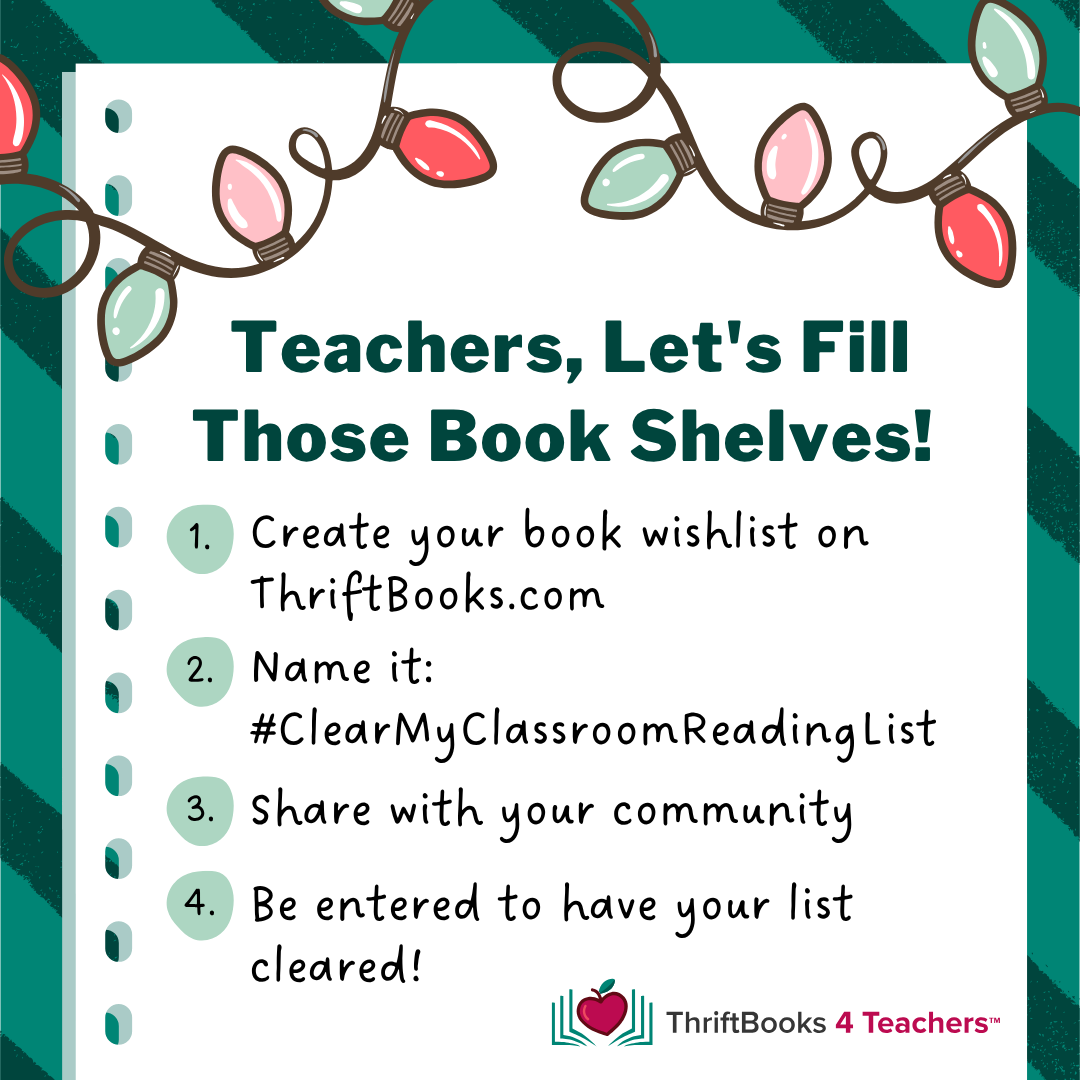 the words '#clearmyclassroomreadinglist please consider donating a book to our classroom library' on a purple background