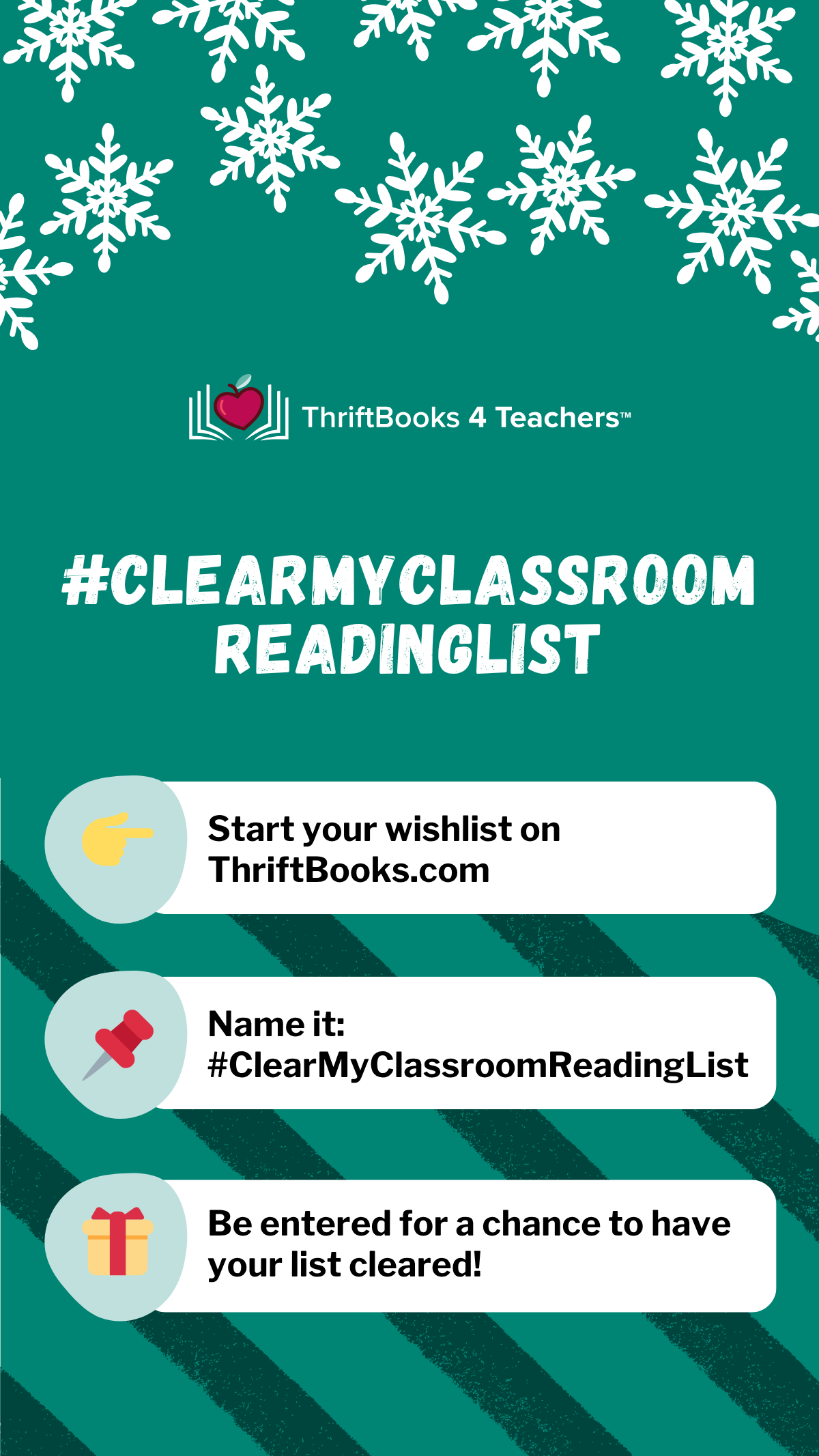 the words '#clearmyclassroomreadinglist please consider donating a book to our classroom library' on a teal background