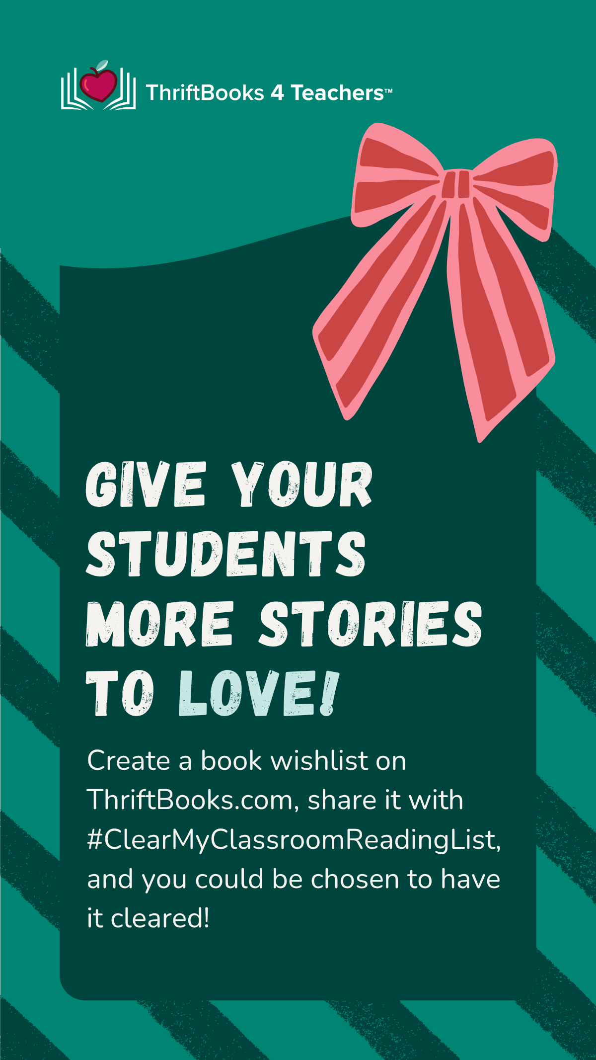 the words '#clearmyclassroomreadinglist please consider donating a book to our classroom library' on a purple background