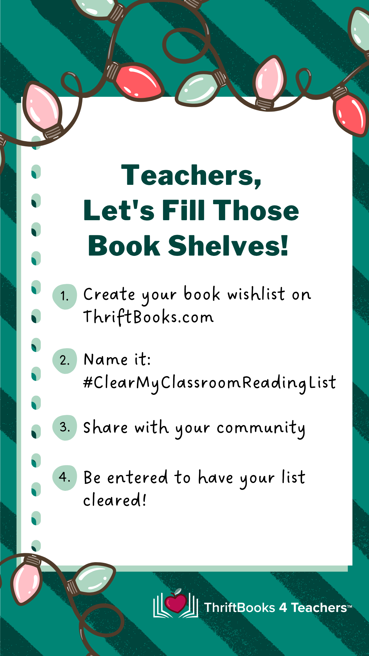 the words '#clearmyclassroomreadinglist please consider donating a book to our classroom library' on a teal background