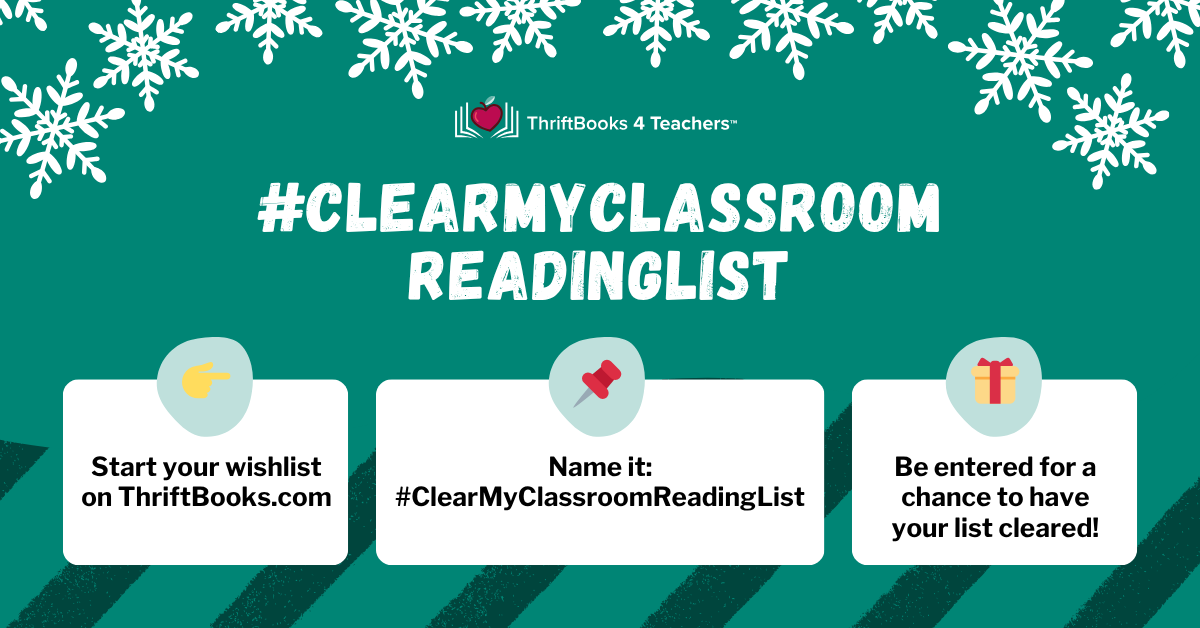 the words '#clearmyclassroomreadinglist please consider donating a book to our classroom library' on a purple background