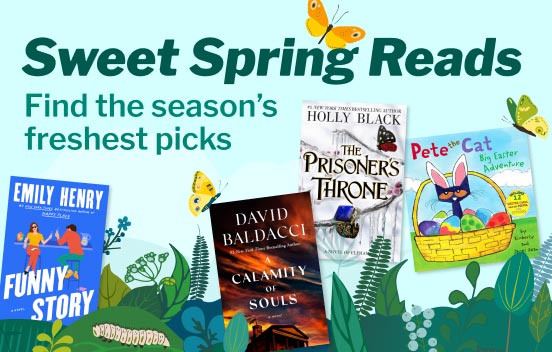 the words sweet spring reads on top of an illustration of flowers in grass, with book covers show throughout