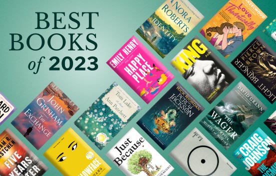 words Best Books of 2023 on a teal background, with book covers around the words