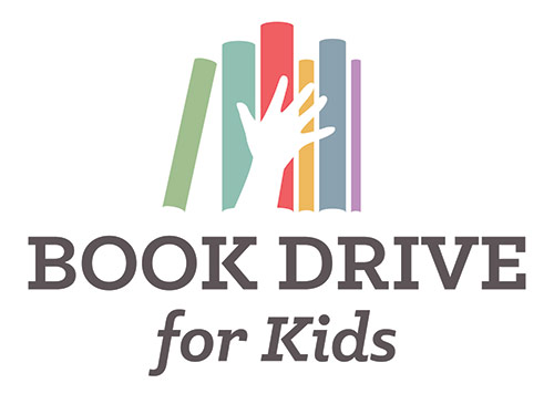 the logo for book drive for kids, colored books with an illustrated white hand in front, and the words book drive for kids beneath the books