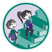 illustration of children climbing a staircase made of large books