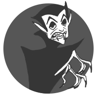 black and white illustration of a vampire with large teeth