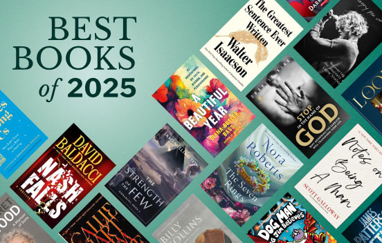 words Best Books of 2025 on a teal background, with book covers around the words