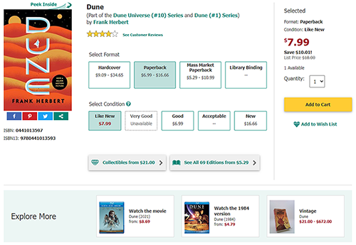 screenshot of the explore more section of a product page, features the book dune and related products like the movie and a collectible book