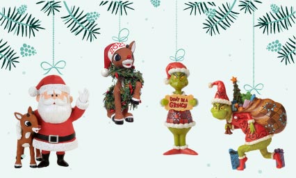 ADORNaments promotional image, with examples of holiday ornaments such as Rudolph and Santa