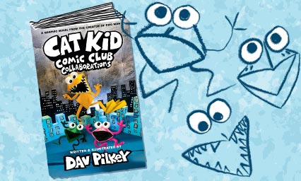 Cat Kid Comic Club book cover on a blue background