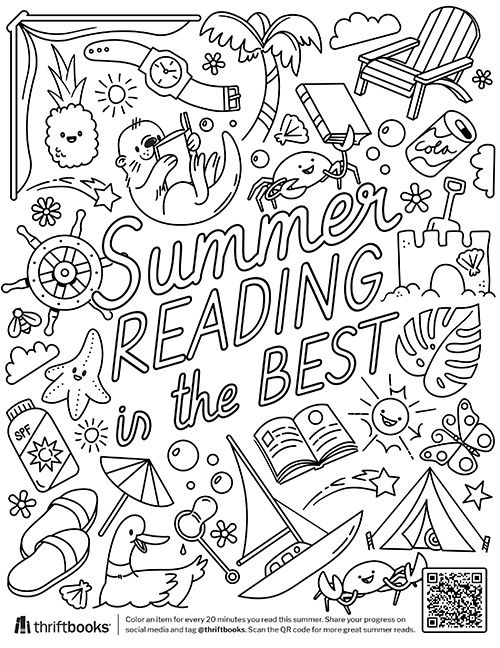 a coloring page that includes summer objects, including starfish, water bottles, beach balls and outlined word that say summer reading is the best